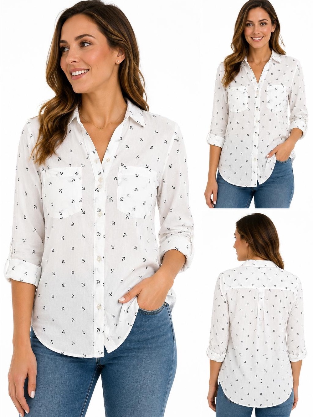 Gloria Vanderbilt White Button-Up Shirt with Navy Anchor Print